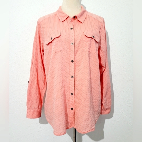 Christopher & Banks woman Petite P/XL Textured Button-Up Shirt Pink 100% Cotton - Picture 1 of 10